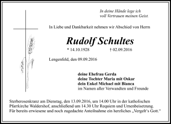 Traueranzeige von Rudolf Schultes von Frankenpost