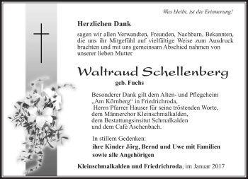 Traueranzeige von Waltraud Schellenberg von Südthüringer Presse