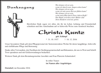 Traueranzeige von Christa Kuntz von Südthüringer Presse