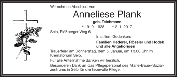 Traueranzeige von Anneliese Plank von Frankenpost