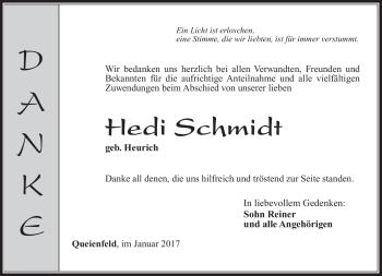 Traueranzeige von Hedi Schmidt von Südthüringer Presse