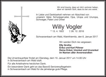 Traueranzeige von Willy Vogler von Frankenpost