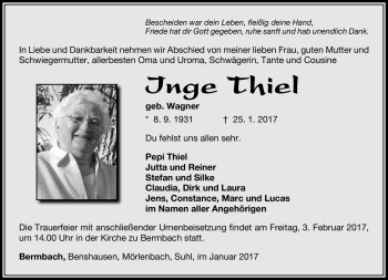 Traueranzeige von Inge Thiel von Südthüringer Presse