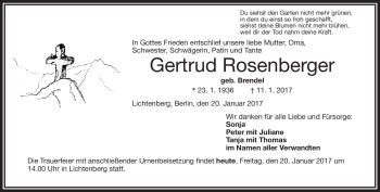 Traueranzeige von Gertrud Rosenberger von Frankenpost
