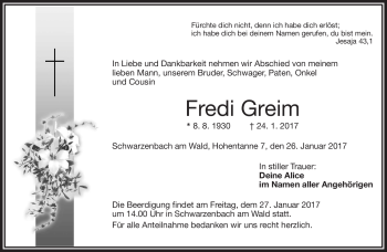 Traueranzeige von Fredi Greim von Frankenpost