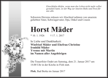 Traueranzeige von Horst Mäder von Südthüringer Presse