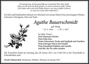 Traueranzeige von Agathe Bauernschmidt von Südthüringer Presse