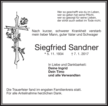 Traueranzeige von Siegfried Sandner von Frankenpost