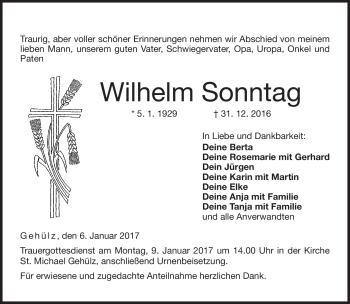 Traueranzeige von Wilhelm Sonntag von Neue Presse Coburg