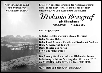 Traueranzeige von Melanie Biengraf von Südthüringer Presse