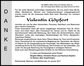 Traueranzeige von Valentin Göpfert von Südthüringer Presse