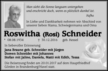 Traueranzeige von Roswitha Schneider von Südthüringer Presse