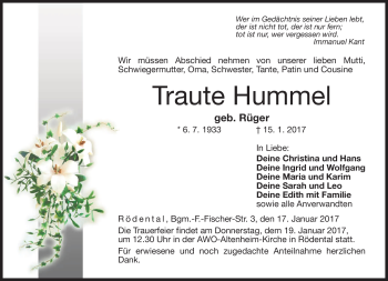 Traueranzeige von Traute Hummel von Neue Presse Coburg
