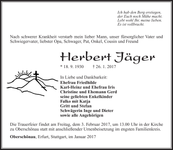 Traueranzeige von Herbert Jäger von Südthüringer Presse