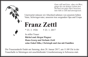 Traueranzeige von Franz Zettel von Südthüringer Presse