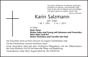 Traueranzeige von Karin Salzmann von Frankenpost