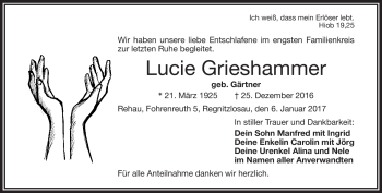 Traueranzeige von Lucie Grieshammer von Frankenpost
