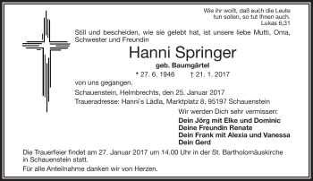 Traueranzeige von Hanni Springer von Frankenpost