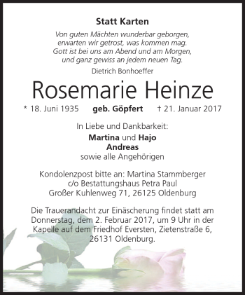 Traueranzeige von Rosemarie Heinze von Neue Presse Coburg