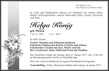 Traueranzeige von Helga König von Südthüringer Presse