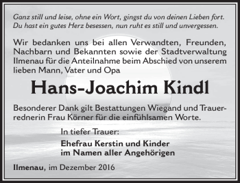 Traueranzeige von Hans-Joachim Kindl von Südthüringer Presse