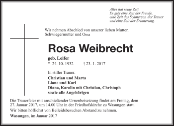 Traueranzeige von Rosa Weibrecht von Südthüringer Presse