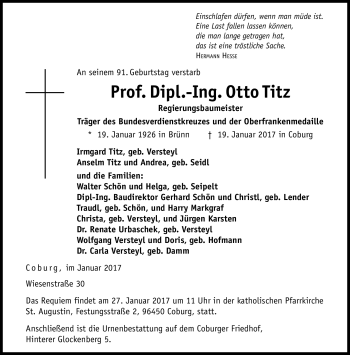 Traueranzeige von Otto Titz von Neue Presse Coburg