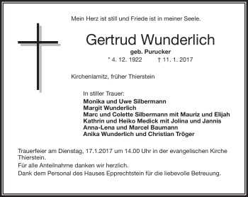 Traueranzeige von Gertrud Wunderlich von Frankenpost