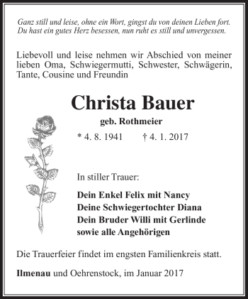 Traueranzeige von Christa Bauer von Südthüringer Presse