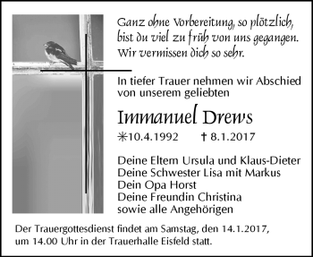 Traueranzeige von Immanuel Drews von Südthüringer Presse