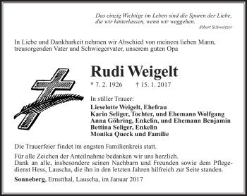 Traueranzeige von Rudi Weigelt von Südthüringer Presse