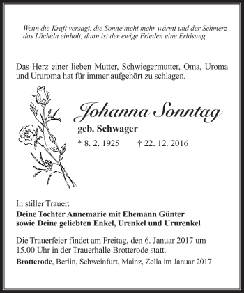 Traueranzeige von Johanna Sonntag von Südthüringer Presse