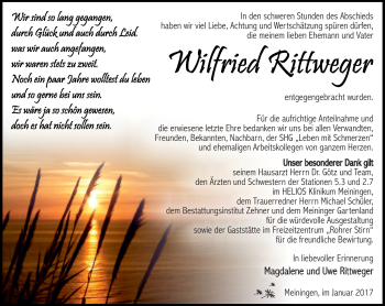 Traueranzeige von Wilfried Rittweger von Südthüringer Presse