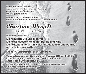 Traueranzeige von Christian Weigelt von Neue Presse Coburg