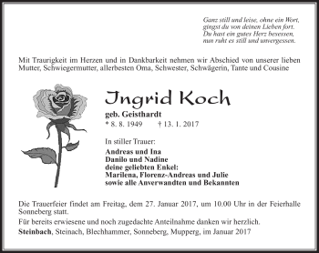 Traueranzeige von Koch Ingrid von Südthüringer Presse