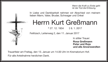 Traueranzeige von Kurt Greßmann von Frankenpost