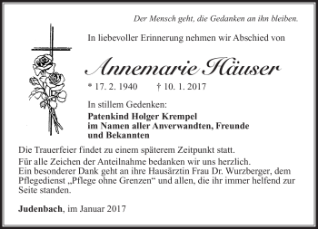 Traueranzeige von Annemarie Häuser von Südthüringer Presse