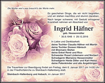Traueranzeige von Ingrid Häfner von Südthüringer Presse
