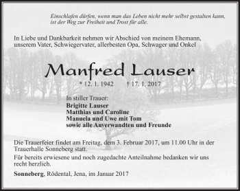 Traueranzeige von Manfred Lauser von Südthüringer Presse