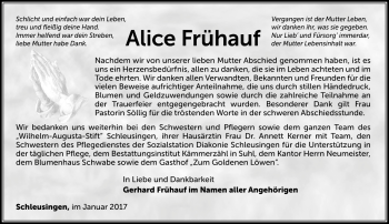 Traueranzeige von Alice Frühauf von Südthüringer Presse