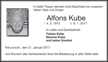Traueranzeige von Alfons Kube von Neue Presse Coburg