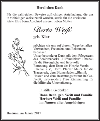 Traueranzeige von Berta Weiß von Südthüringer Presse