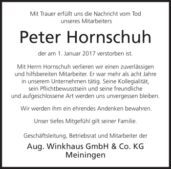 Traueranzeige von Peter Hornschuh von Südthüringer Presse