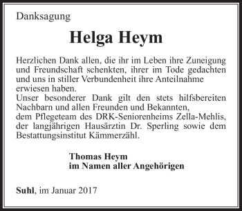 Traueranzeige von Helga Heym von Südthüringer Presse