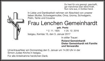 Traueranzeige von Lenchen Gemeinhardt von Frankenpost