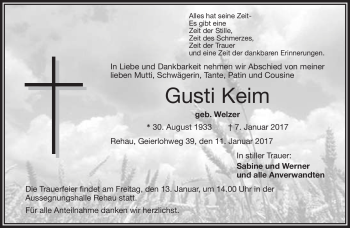 Traueranzeige von Gusti Keim von Frankenpost