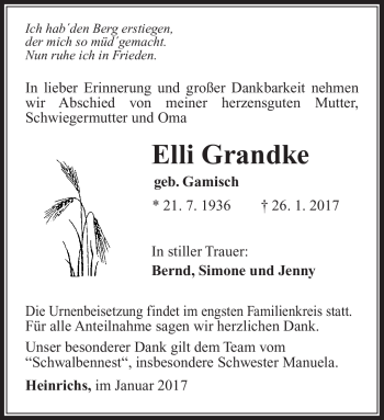 Traueranzeige von Elli Grandke von Südthüringer Presse