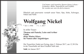 Traueranzeige von Wolfgang Nickel von Südthüringer Presse