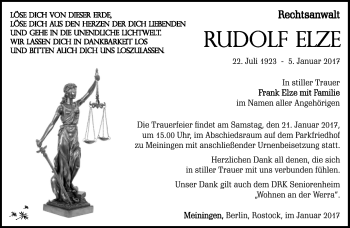 Traueranzeige von Rudolf Elze von Südthüringer Presse