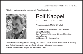 Traueranzeige von Rolf Kappel von Frankenpost